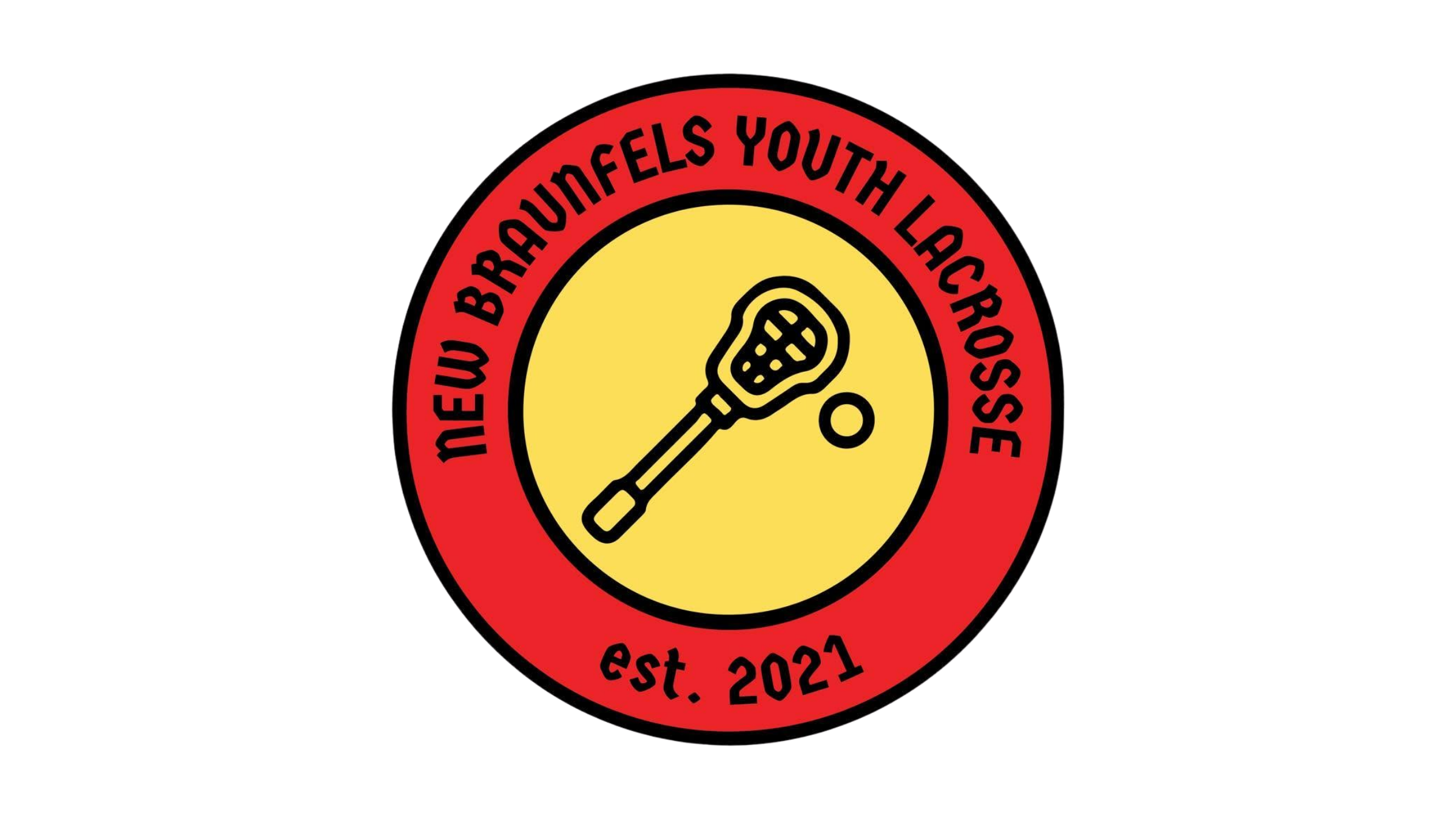 Circular logo for a youth lacrosse club, red ring with text, yellow center, black lacrosse stick illustration, est. 2021.
