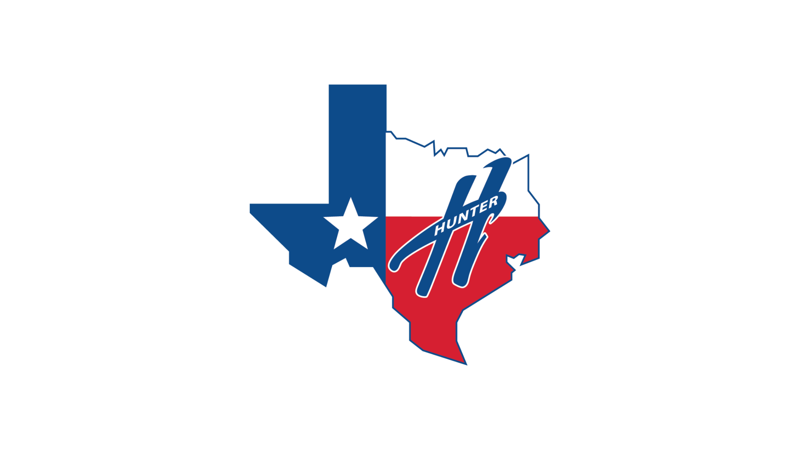 Texas state outline filled with the Texas flag colors (blue vertical bar, white middle, red bottom) and a white star; overlaid is a blue script reading 'Hunter' with a large blue '11' shape stylized.