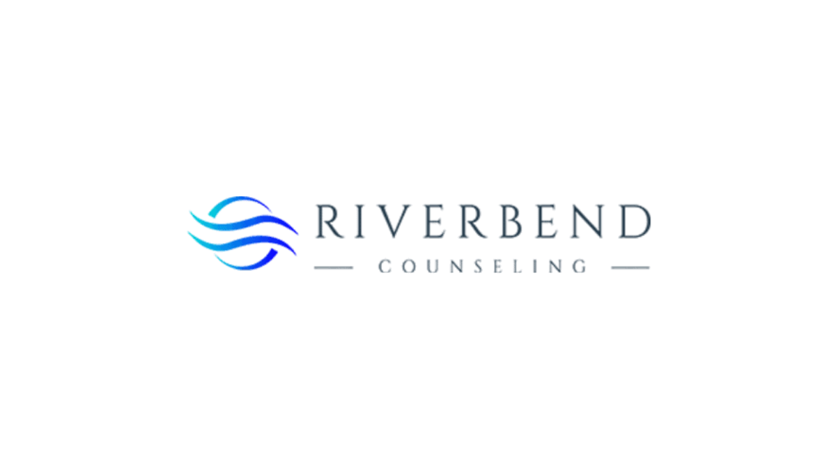 Riverbend Counseling logo with a blue abstract wave emblem to the left of the dark blue wordmark on a black background.