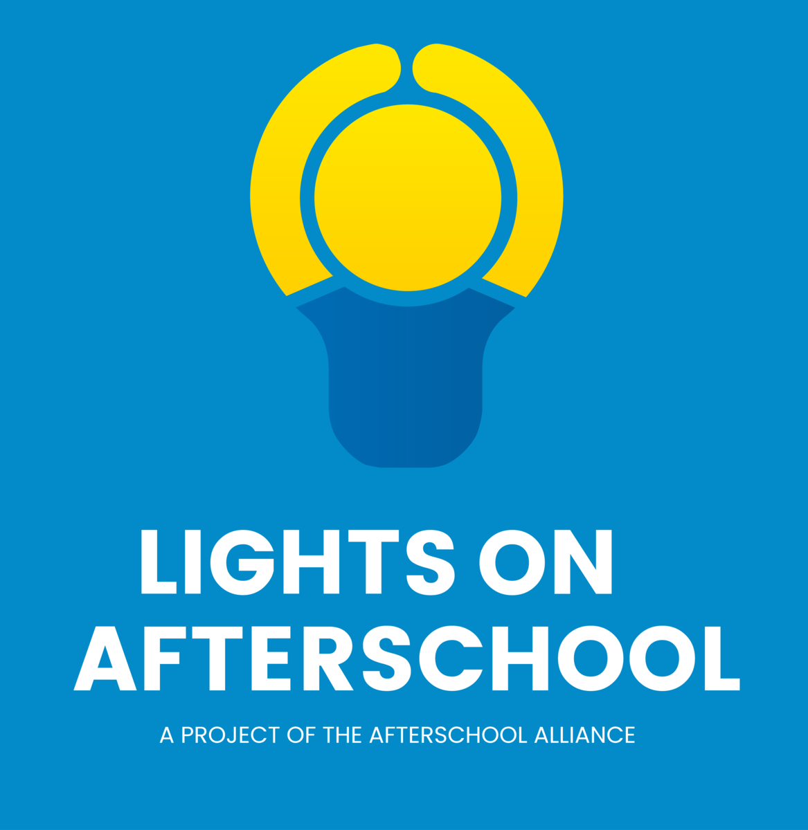 Blue poster with a yellow lightbulb graphic above the white title 'Lights On Afterschool' and subtitle 'A project of the Afterschool Alliance'.